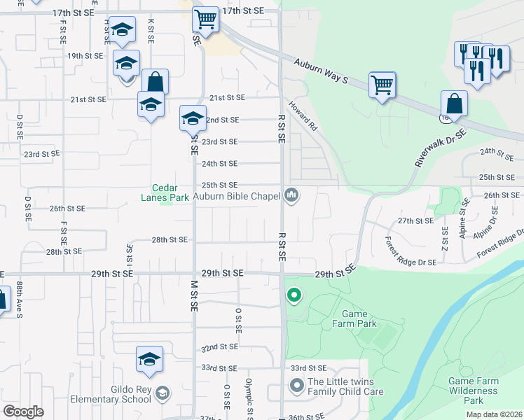 map of restaurants, bars, coffee shops, grocery stores, and more near 2605 R Street Southeast in Auburn