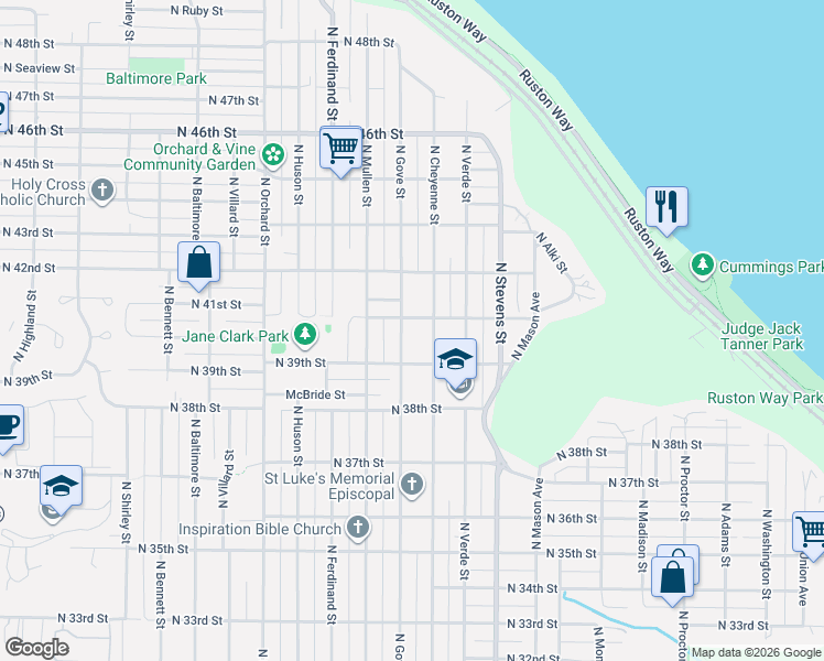 map of restaurants, bars, coffee shops, grocery stores, and more near 4102 North Cheyenne Street in Tacoma