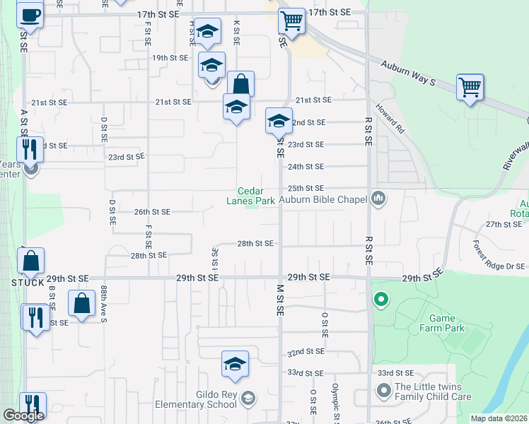 map of restaurants, bars, coffee shops, grocery stores, and more near 1106 26th Street Southeast in Auburn