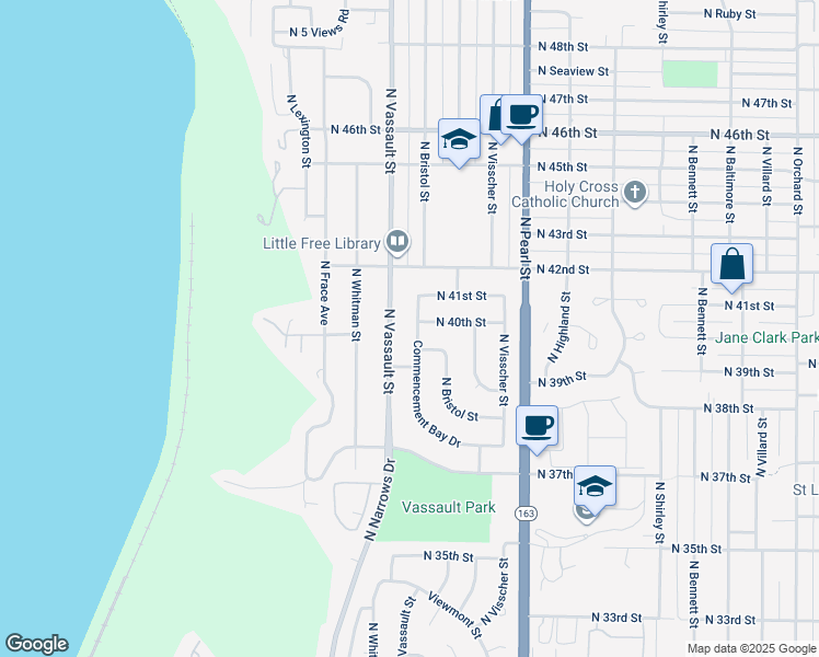 map of restaurants, bars, coffee shops, grocery stores, and more near 6129 North 40th Street in Tacoma