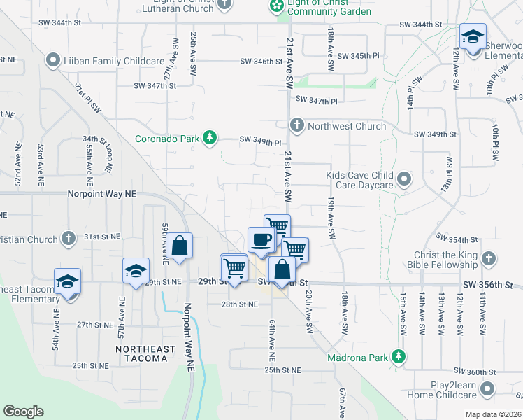 map of restaurants, bars, coffee shops, grocery stores, and more near 2111 Southwest 352nd Street in Federal Way