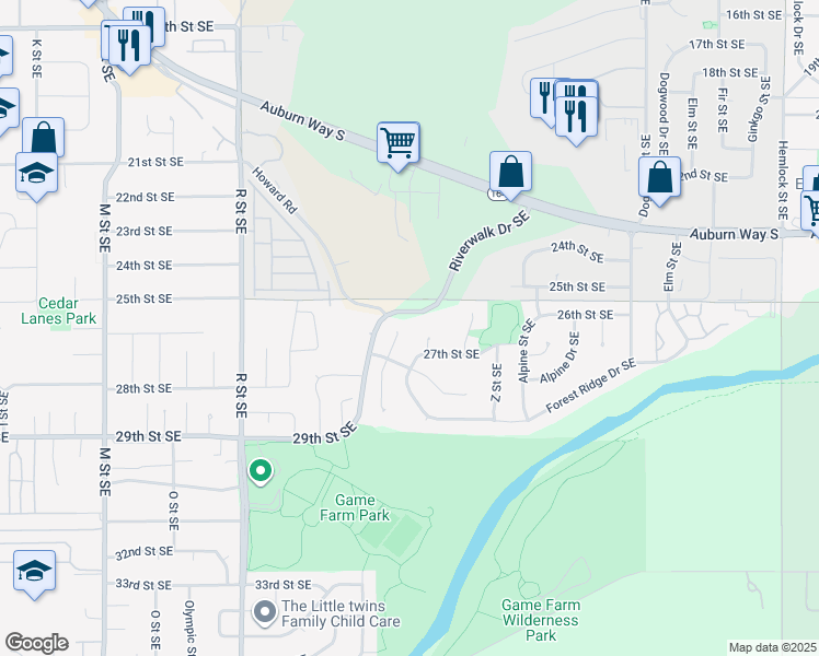 map of restaurants, bars, coffee shops, grocery stores, and more near 2602 V Court Southeast in Auburn