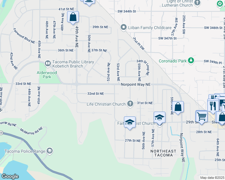 map of restaurants, bars, coffee shops, grocery stores, and more near 1208 Norpoint Way Northeast in Tacoma