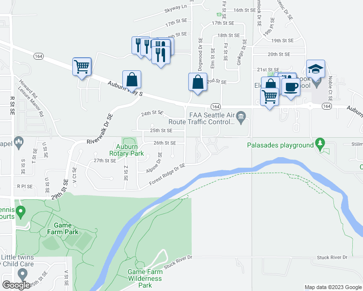 map of restaurants, bars, coffee shops, grocery stores, and more near 2615 Dogwood Street Southeast in Auburn