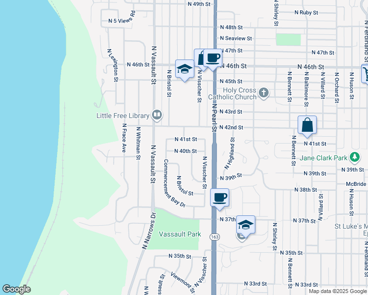 map of restaurants, bars, coffee shops, grocery stores, and more near 6109 N 40th St in Tacoma