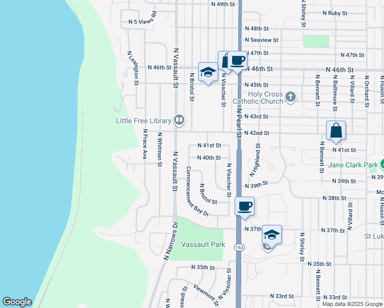 map of restaurants, bars, coffee shops, grocery stores, and more near 6129 North 40th Street in Tacoma
