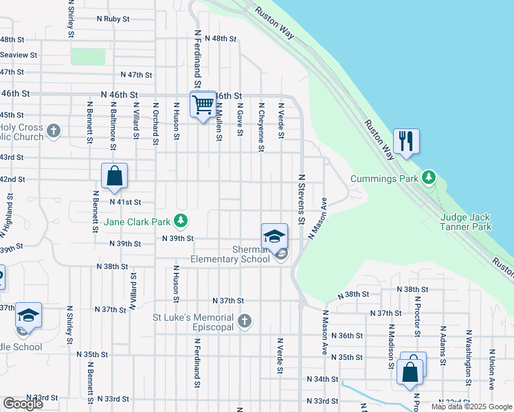 map of restaurants, bars, coffee shops, grocery stores, and more near 4102 North Cheyenne Street in Tacoma