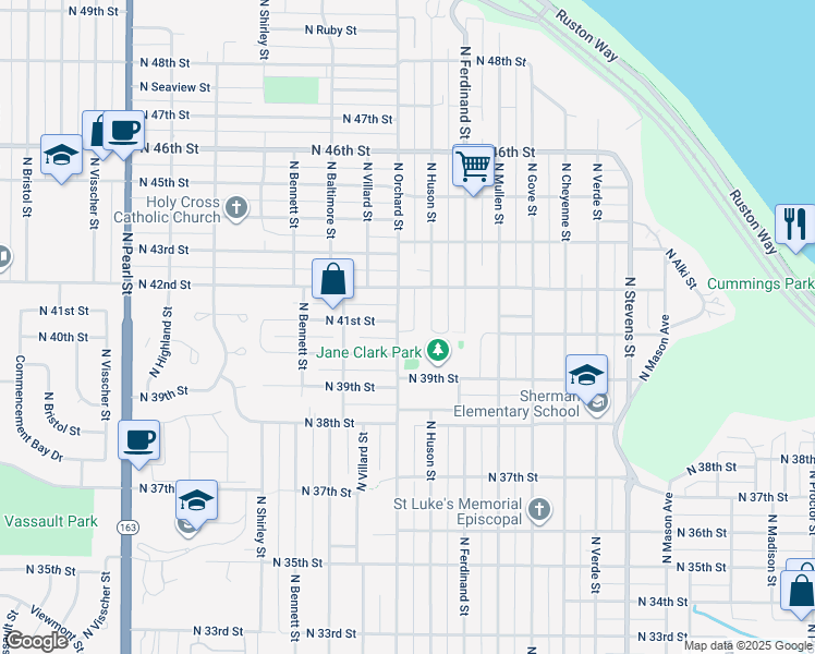 map of restaurants, bars, coffee shops, grocery stores, and more near 4107 North Orchard Street in Tacoma