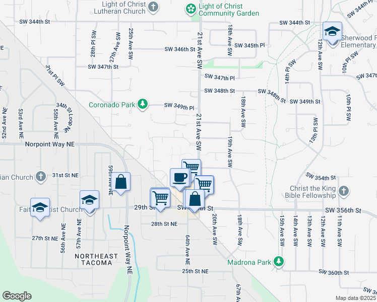 map of restaurants, bars, coffee shops, grocery stores, and more near 2111 Southwest 352nd Street in Federal Way