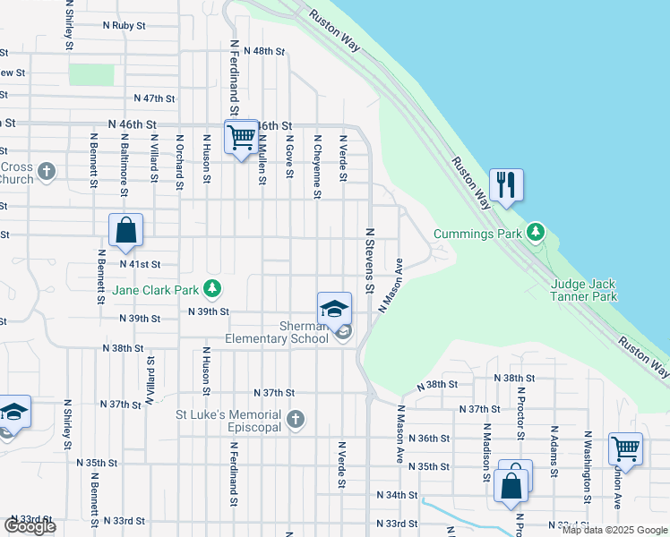 map of restaurants, bars, coffee shops, grocery stores, and more near 4102 North Verde Street in Tacoma