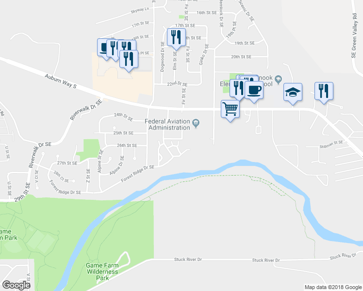map of restaurants, bars, coffee shops, grocery stores, and more near 2610 Fir Place Southeast in Auburn