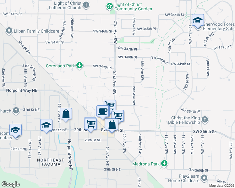 map of restaurants, bars, coffee shops, grocery stores, and more near 1988 Southwest 352nd Street in Federal Way