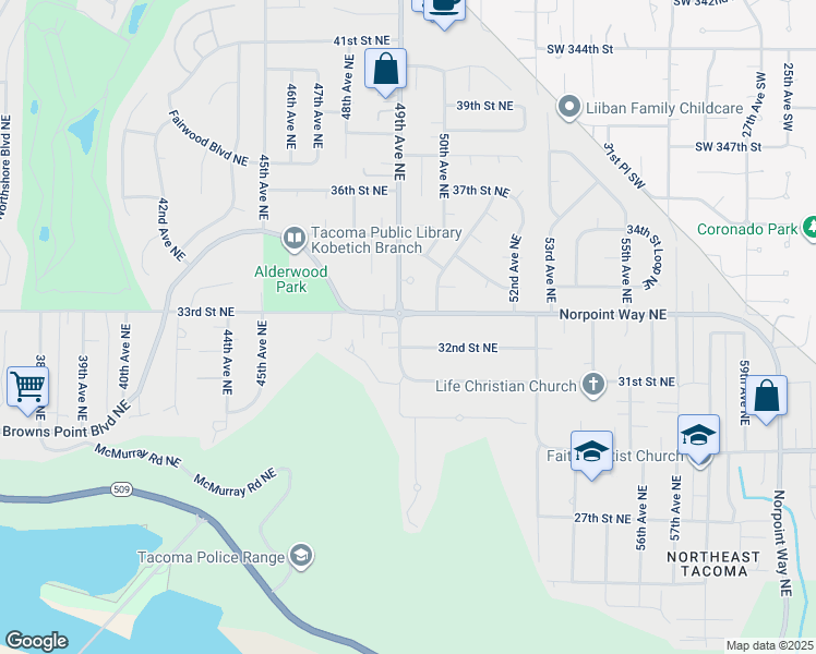 map of restaurants, bars, coffee shops, grocery stores, and more near 3213 49th Avenue Northeast in Tacoma