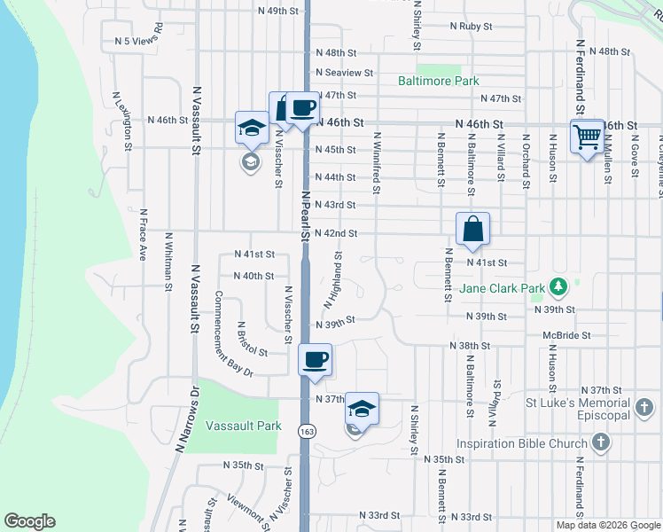 map of restaurants, bars, coffee shops, grocery stores, and more near 4007 North Highland Street in Tacoma