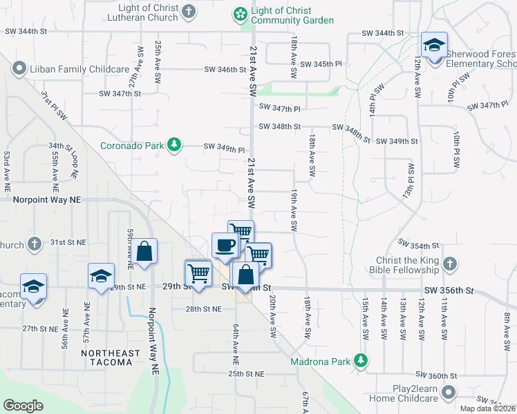 map of restaurants, bars, coffee shops, grocery stores, and more near 1988 Southwest 352nd Street in Federal Way