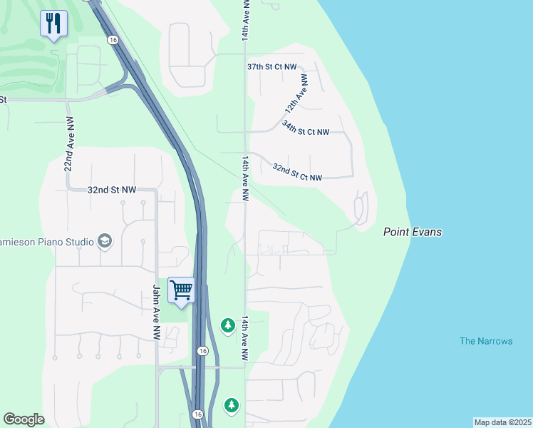 map of restaurants, bars, coffee shops, grocery stores, and more near 3025 14th Ave NW in Gig Harbor