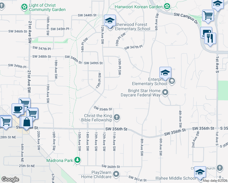 map of restaurants, bars, coffee shops, grocery stores, and more near 1129 Southwest 352nd Street in Federal Way