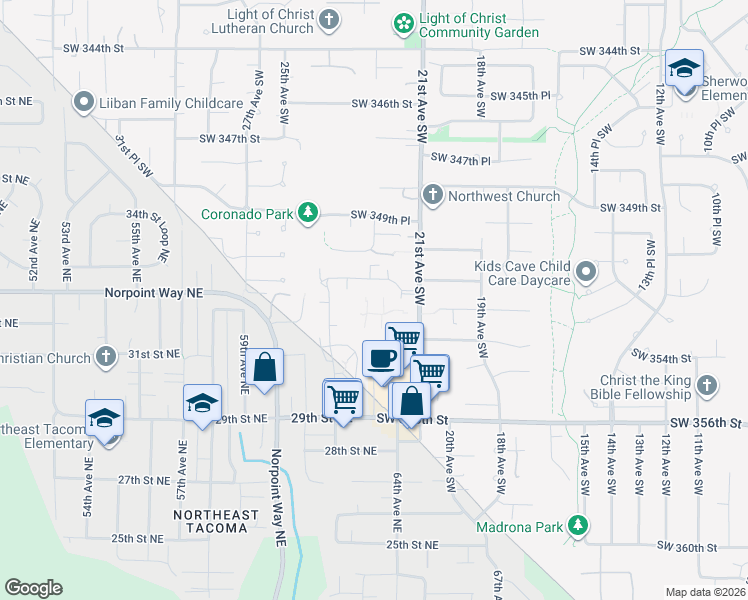 map of restaurants, bars, coffee shops, grocery stores, and more near 2111 Southwest 352nd Street in Federal Way