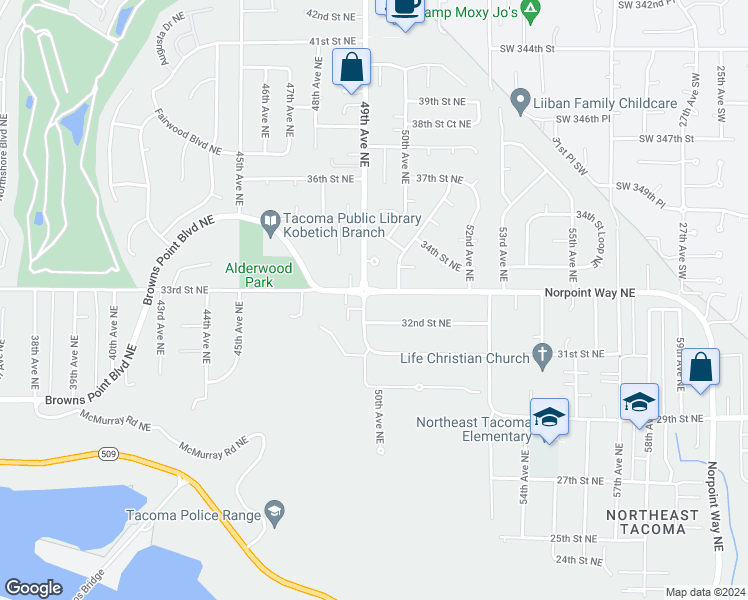 map of restaurants, bars, coffee shops, grocery stores, and more near 3213 49th Avenue Northeast in Tacoma