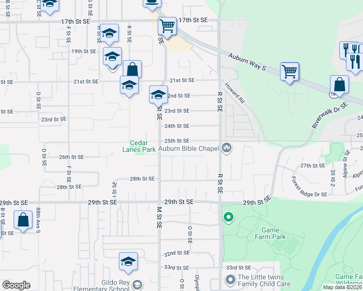 map of restaurants, bars, coffee shops, grocery stores, and more near 1329 26th Street Southeast in Auburn