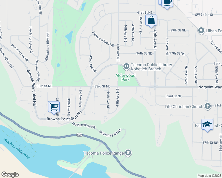 map of restaurants, bars, coffee shops, grocery stores, and more near 3129 44th Avenue Northeast in Tacoma