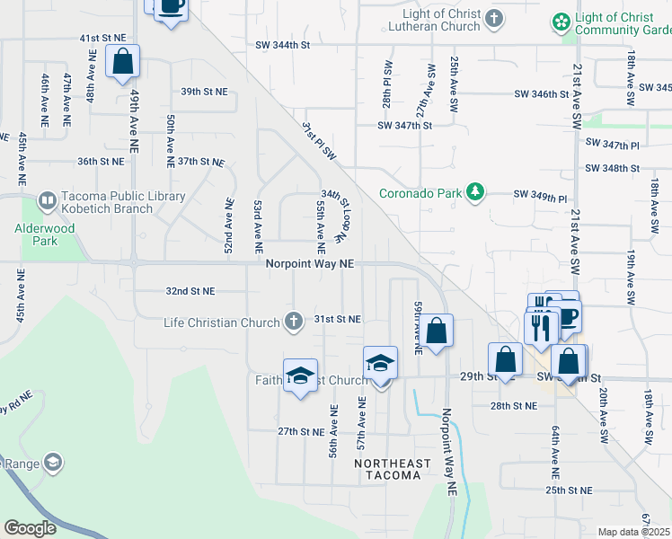 map of restaurants, bars, coffee shops, grocery stores, and more near 902 Norpoint Way Northeast in Tacoma