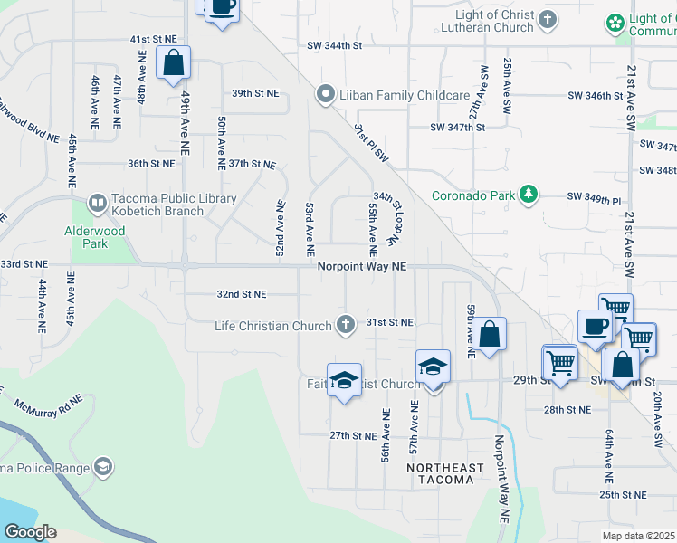 map of restaurants, bars, coffee shops, grocery stores, and more near 1102 Norpoint Way Northeast in Tacoma