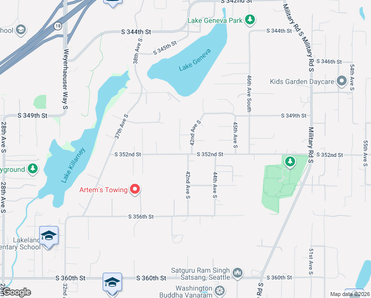 map of restaurants, bars, coffee shops, grocery stores, and more near 35094 41st Place South in Auburn