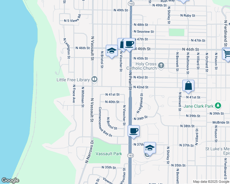 map of restaurants, bars, coffee shops, grocery stores, and more near 6109 North 40th Street in Tacoma