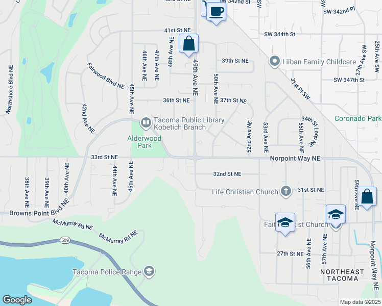 map of restaurants, bars, coffee shops, grocery stores, and more near 3213 49th Avenue Northeast in Tacoma