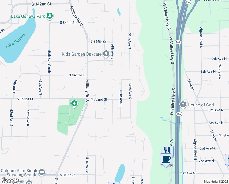 map of restaurants, bars, coffee shops, grocery stores, and more near 35108 54th Avenue South in Auburn