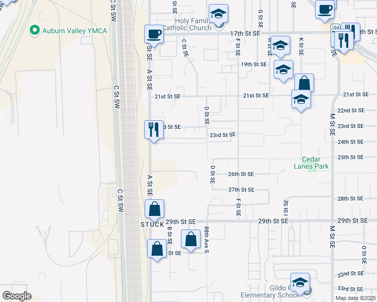 map of restaurants, bars, coffee shops, grocery stores, and more near 2304 A Street Southeast in Auburn