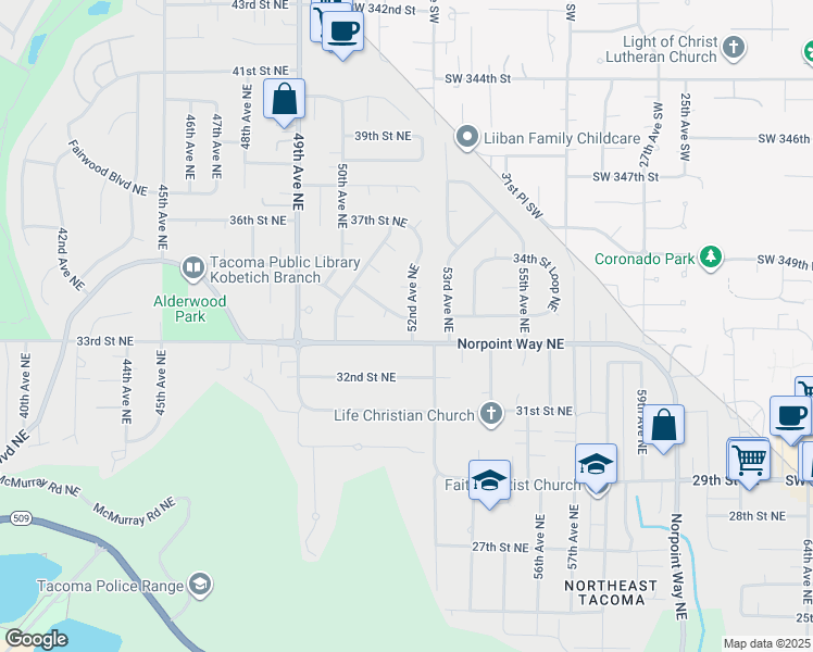 map of restaurants, bars, coffee shops, grocery stores, and more near 3415 52nd Avenue Northeast in Tacoma