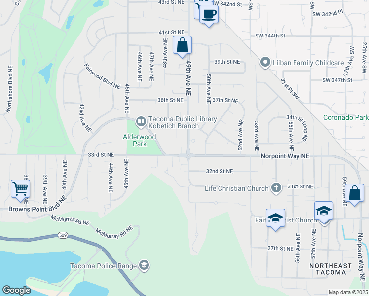map of restaurants, bars, coffee shops, grocery stores, and more near 4901 33rd Street Court Northeast in Tacoma