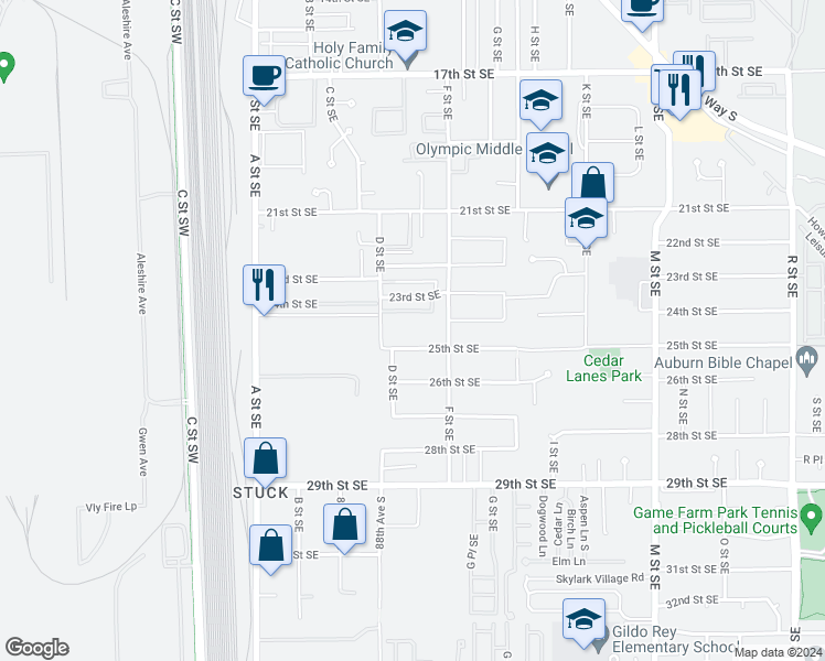 map of restaurants, bars, coffee shops, grocery stores, and more near 428 23rd Street Southeast in Auburn