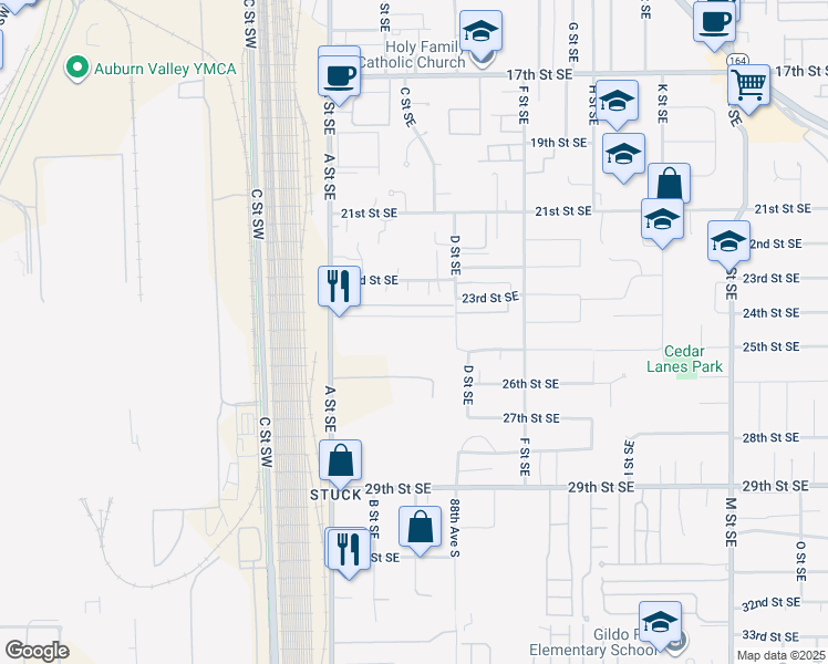 map of restaurants, bars, coffee shops, grocery stores, and more near 2304 A Street Southeast in Auburn