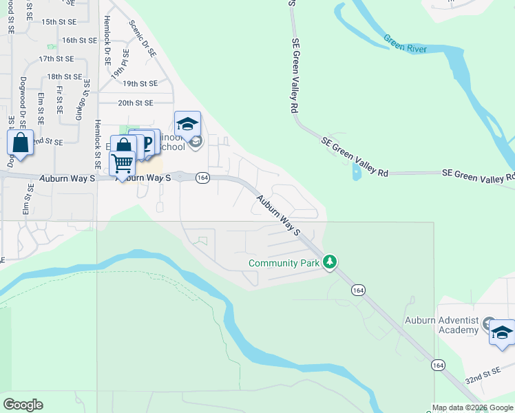 map of restaurants, bars, coffee shops, grocery stores, and more near 3702 Auburn Way South in Auburn