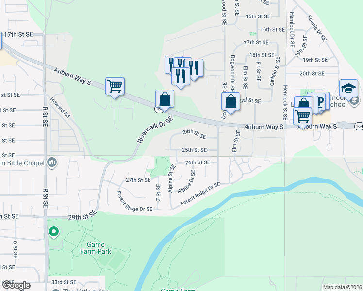 map of restaurants, bars, coffee shops, grocery stores, and more near 2460 24th Street Southeast in Auburn