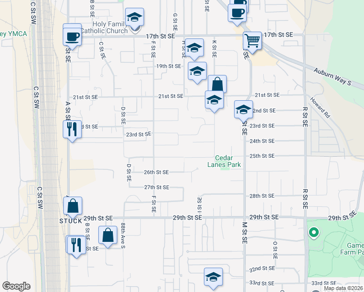 map of restaurants, bars, coffee shops, grocery stores, and more near 802 23rd Street Southeast in Auburn