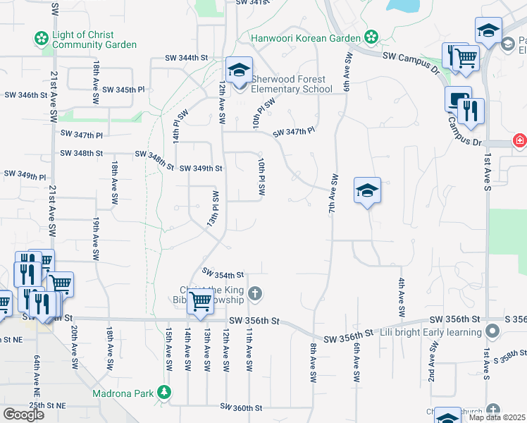 map of restaurants, bars, coffee shops, grocery stores, and more near 1019 Southwest 350th Place in Federal Way
