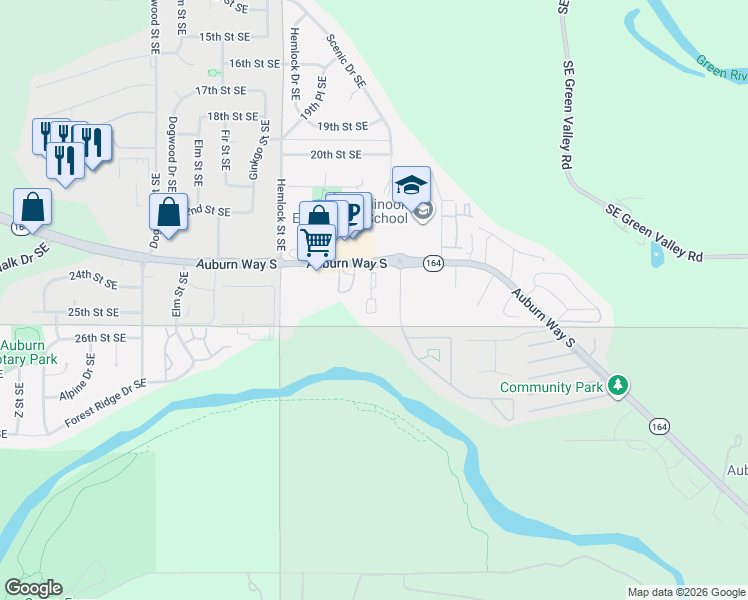 map of restaurants, bars, coffee shops, grocery stores, and more near 3435 Auburn Way South in Auburn