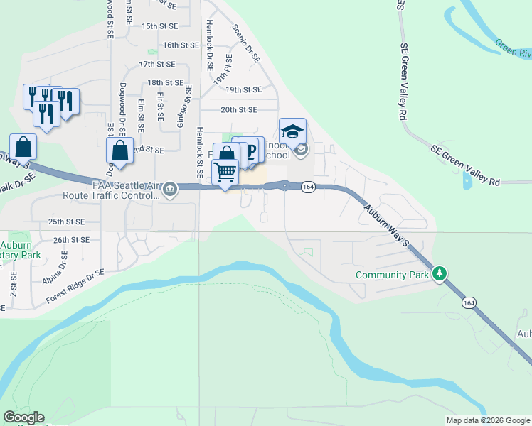 map of restaurants, bars, coffee shops, grocery stores, and more near 3435 Auburn Way South in Auburn