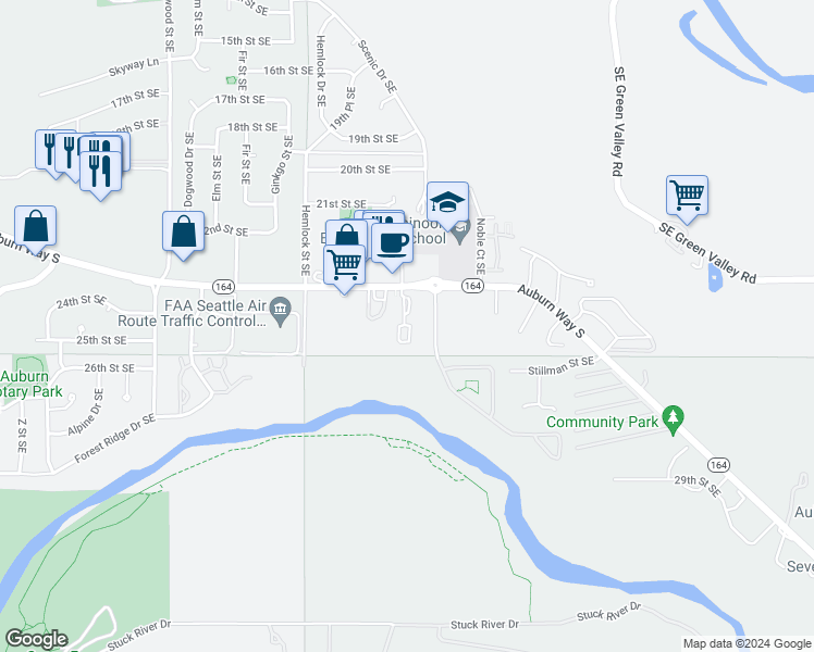 map of restaurants, bars, coffee shops, grocery stores, and more near 3435 Auburn Way South in Auburn