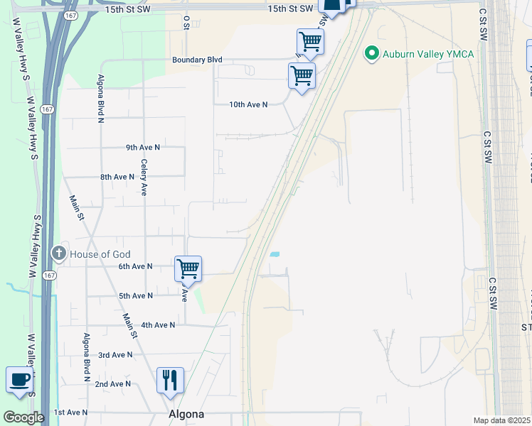 map of restaurants, bars, coffee shops, grocery stores, and more near Interurban Trail in Algona