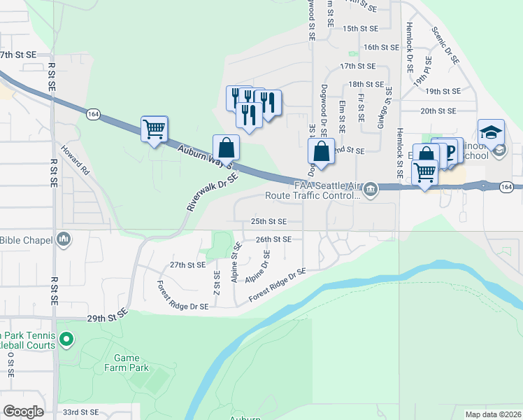 map of restaurants, bars, coffee shops, grocery stores, and more near 2460 24th Street Southeast in Auburn