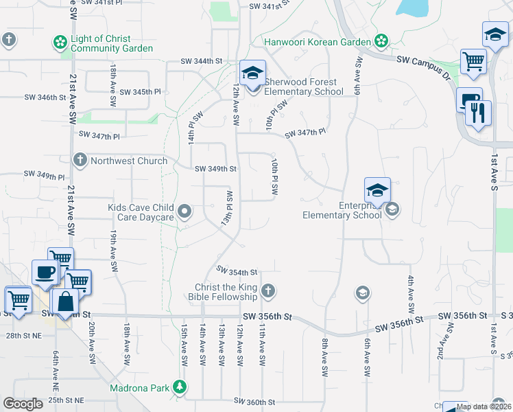 map of restaurants, bars, coffee shops, grocery stores, and more near 1031 Southwest 350th Place in Federal Way