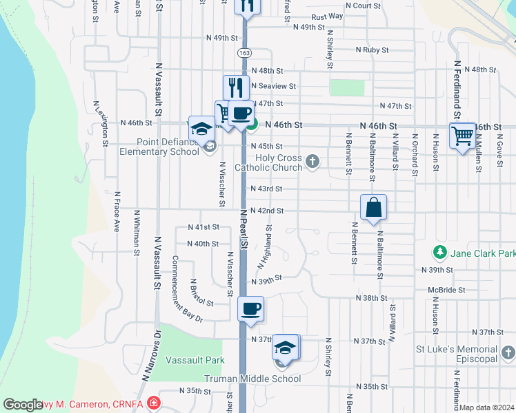 map of restaurants, bars, coffee shops, grocery stores, and more near 5713 North 42nd Street in Tacoma