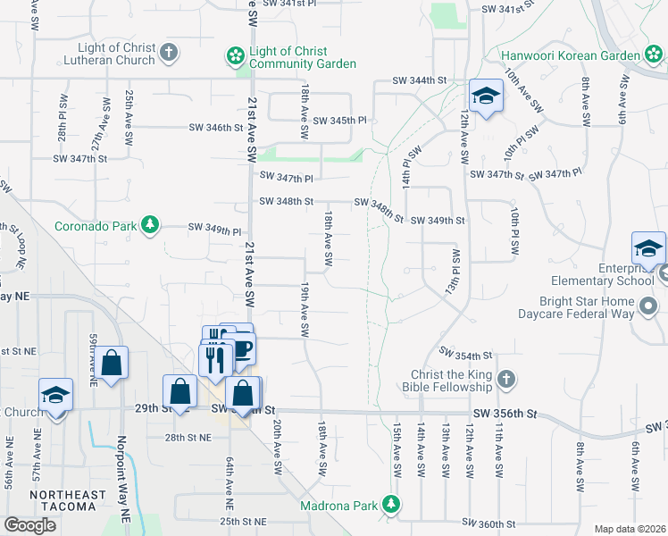 map of restaurants, bars, coffee shops, grocery stores, and more near 35024 18th Avenue Southwest in Federal Way