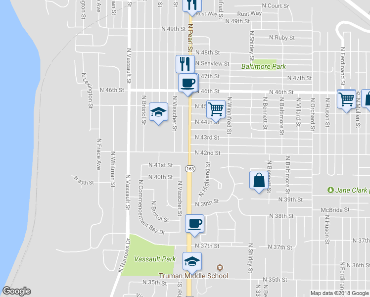 map of restaurants, bars, coffee shops, grocery stores, and more near 4205 Washington 163 in Tacoma
