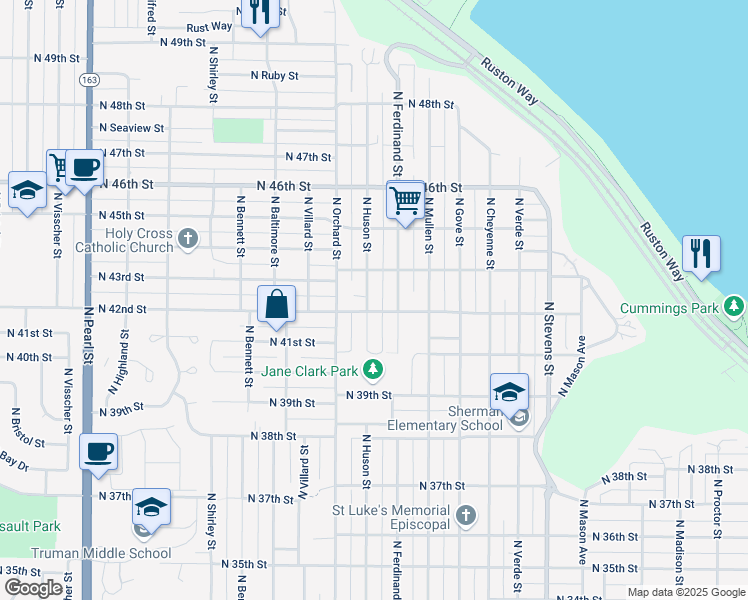map of restaurants, bars, coffee shops, grocery stores, and more near 4207 North Huson Street in Tacoma